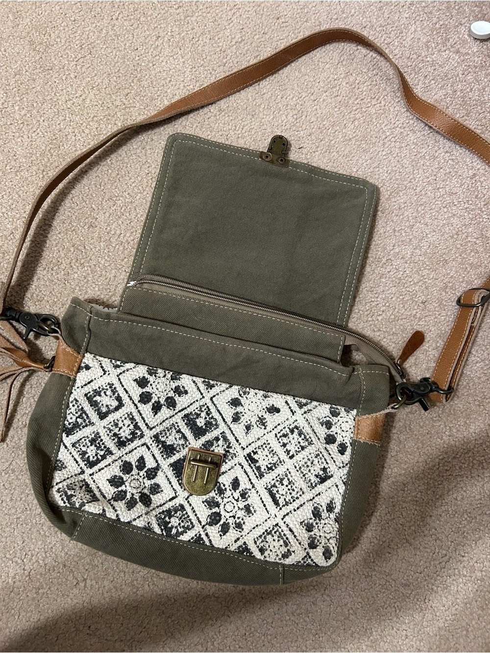 Myra Bag Olive Green Canvas Crossbody with Brown and Cream Pattern